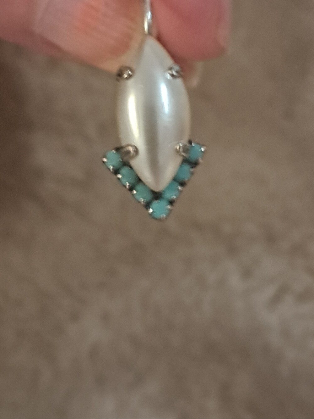Beautiful Pearl and Turquoise V-Shaped Drop Earrings- White & Turquoise